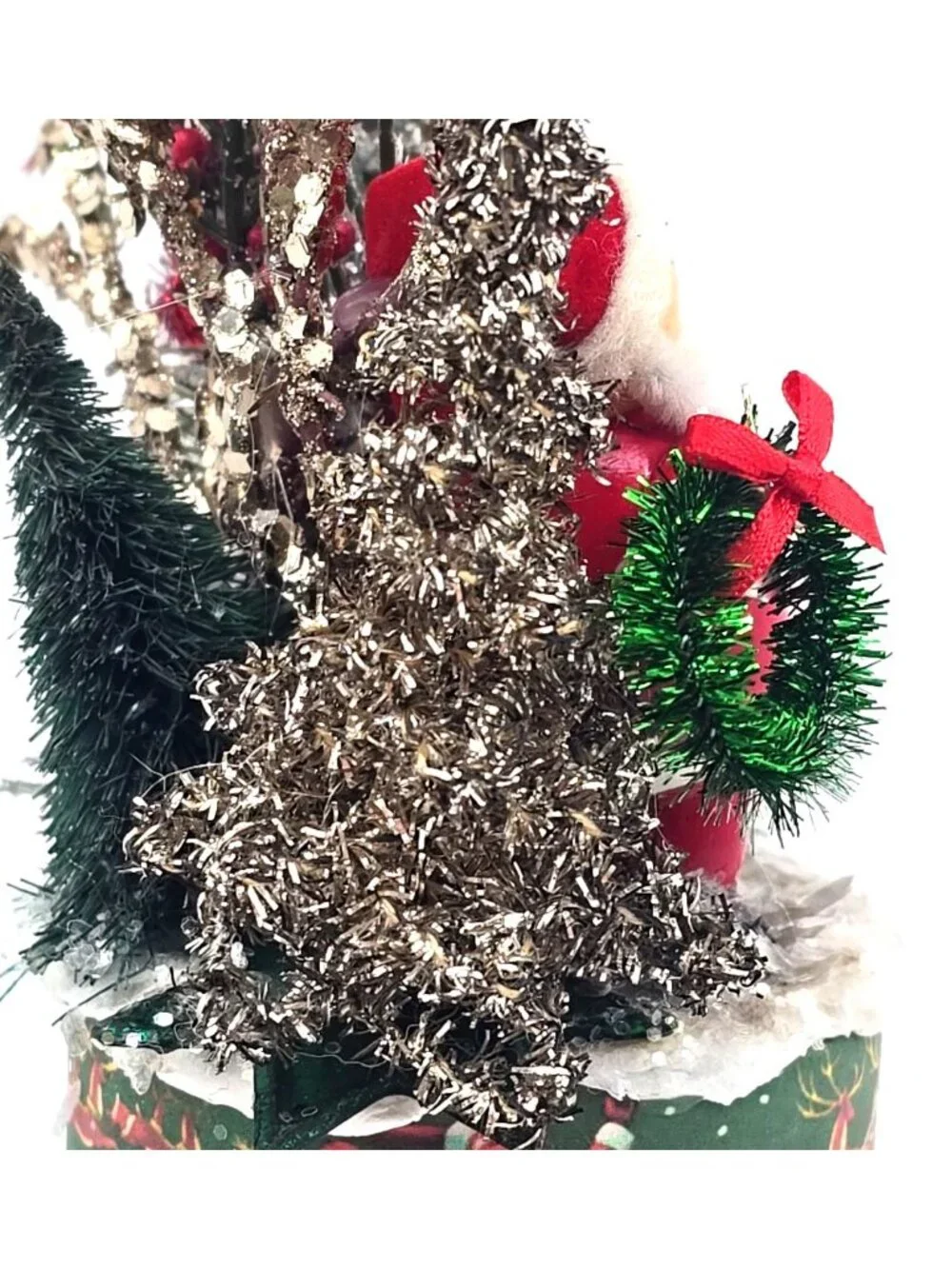 OOAK Christmas Assemblage Art Vtg Kitsch Bottle Brush Tree Santa Mica Handmade
